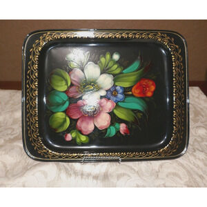 Vintage Russian Black Tin Toleware-Style Floral Tray Rectangle 12.75 x 10”